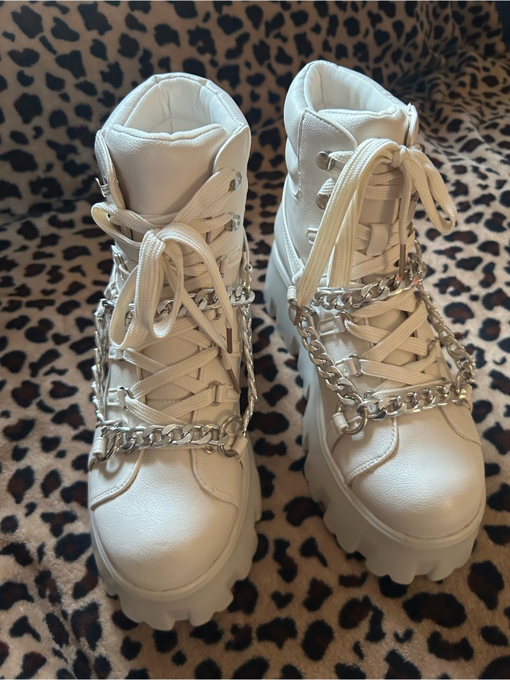 Platform Lace-Up Ankle Boots with Chain Detail - White